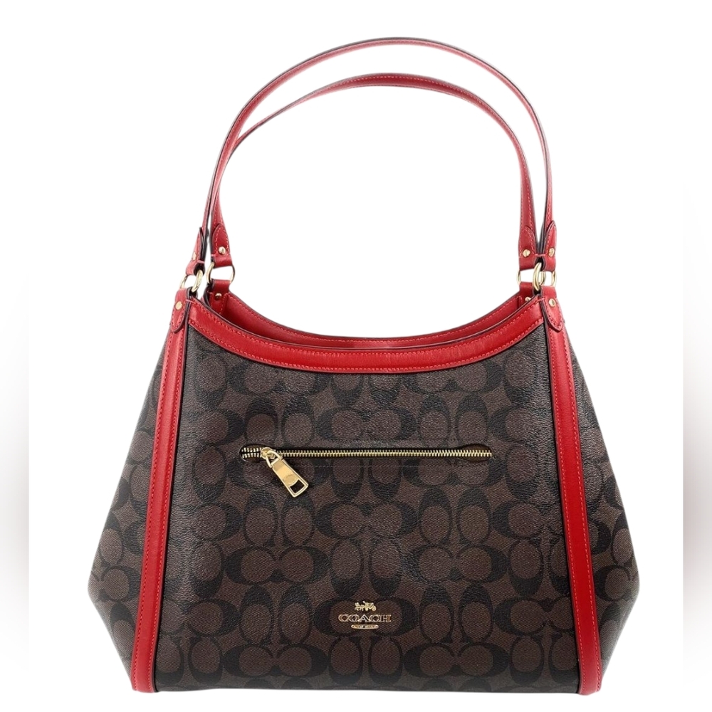 Coach Brown Signature Coated Canvas & Red Leather Trim Kristy Shoulder Bag - Picture 3 of 14